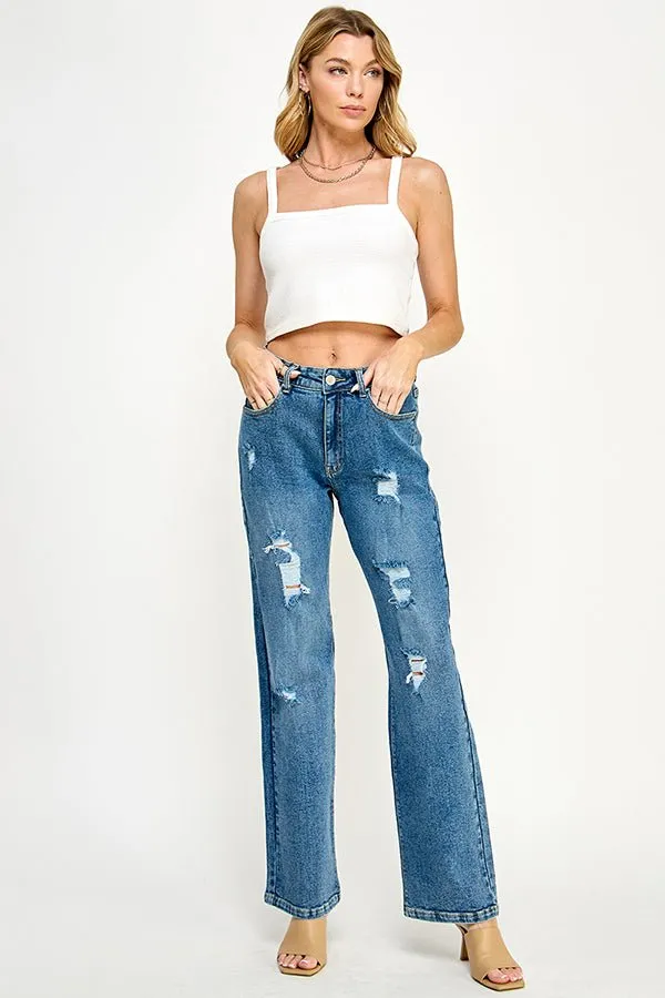 DISTRESSED  HIGH RISE STRETCH MOM JEANS