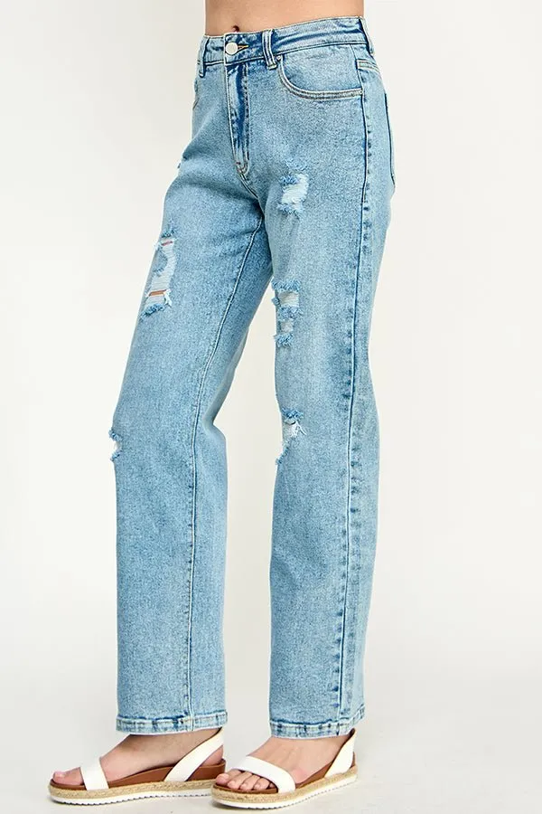 DISTRESSED  HIGH RISE STRETCH MOM JEANS