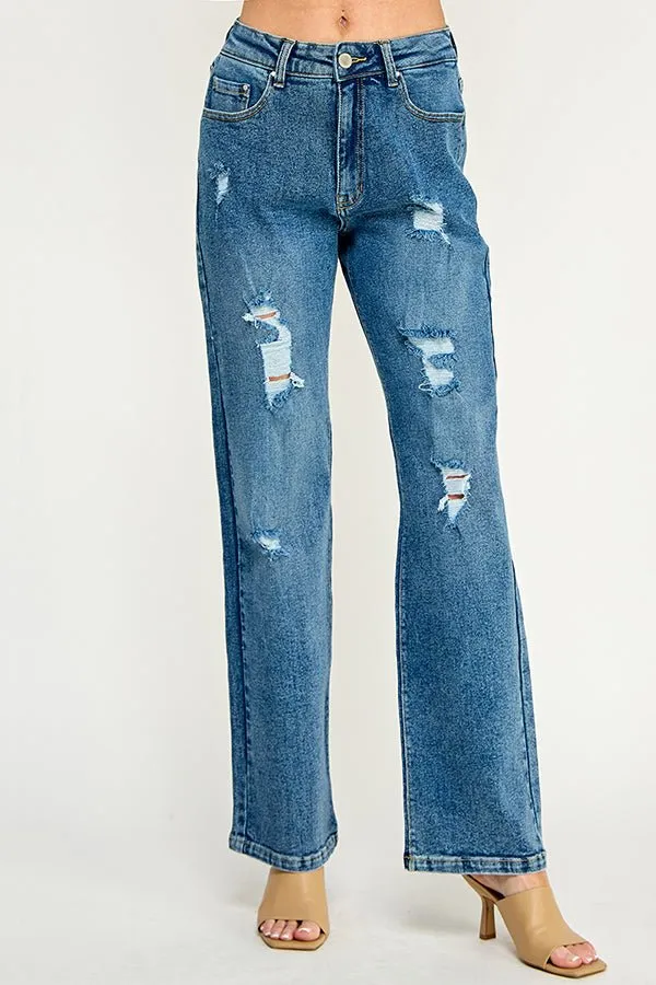 DISTRESSED  HIGH RISE STRETCH MOM JEANS