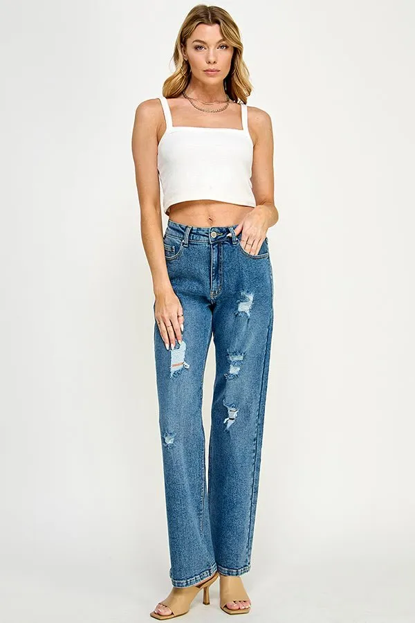 DISTRESSED  HIGH RISE STRETCH MOM JEANS
