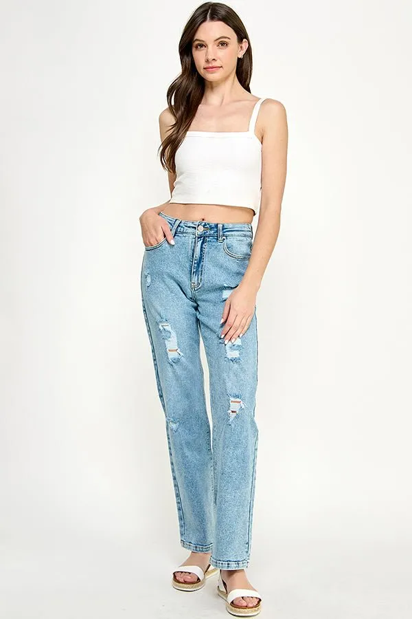 DISTRESSED  HIGH RISE STRETCH MOM JEANS
