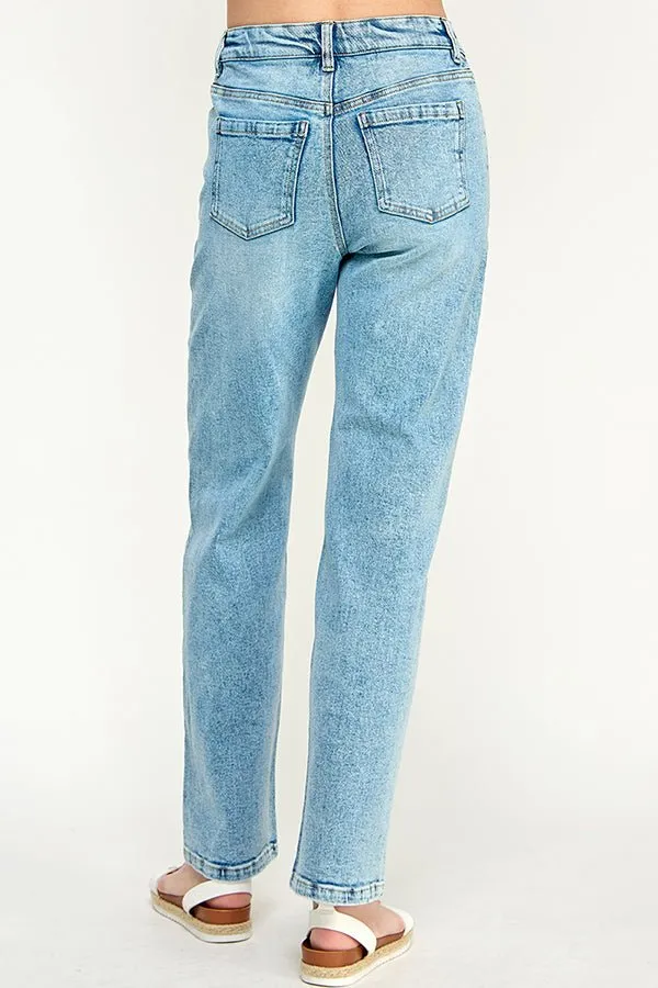 DISTRESSED  HIGH RISE STRETCH MOM JEANS