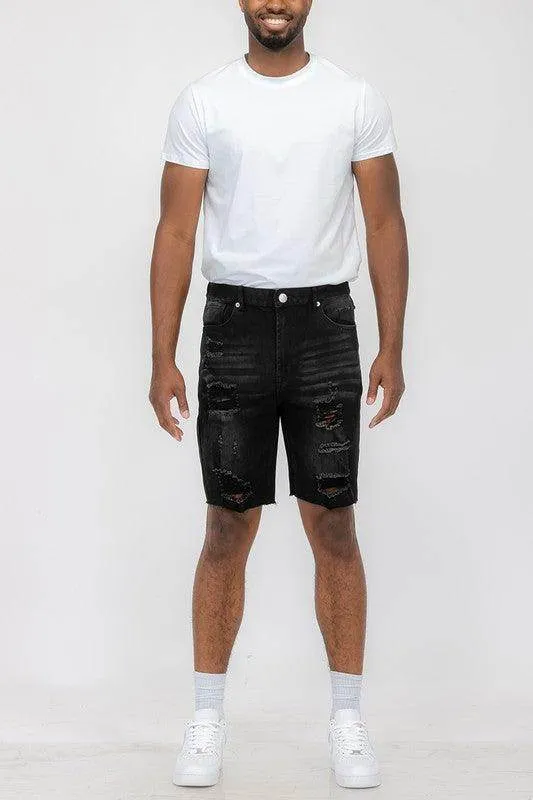 Distressed Stretch Denim Shorts For Men