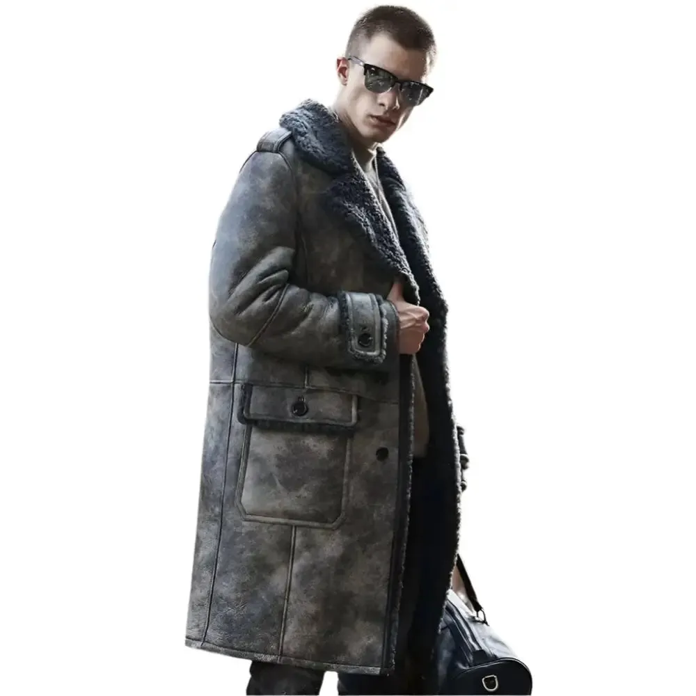 Elegant Gray B3 Shearling Jacket Long Sheepskin Coat Warm & Stylish