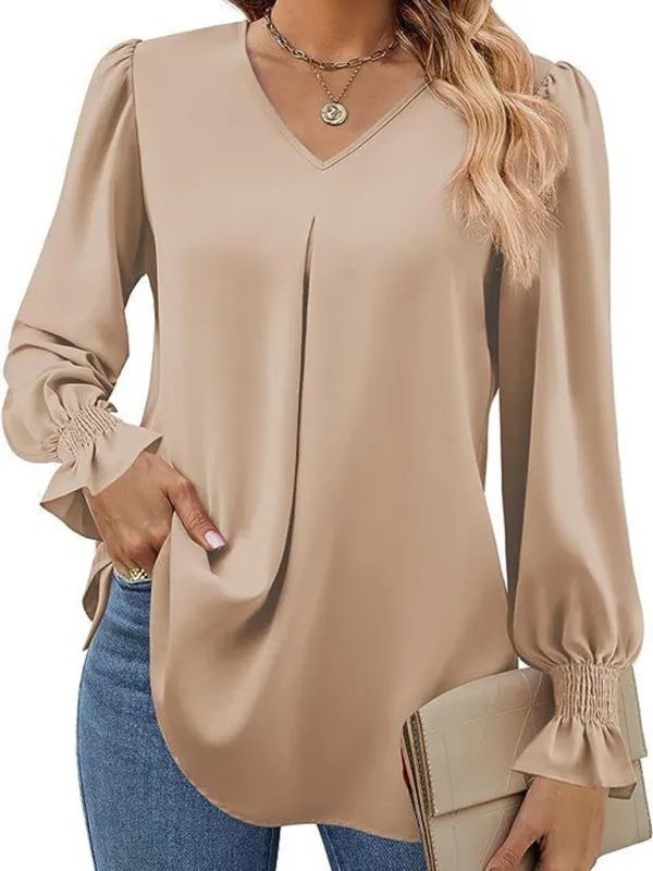 Elegant Long Sleeve V-Neck Pleated Chiffon Blouse