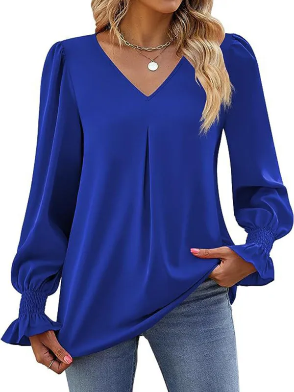 Elegant Long Sleeve V-Neck Pleated Chiffon Blouse