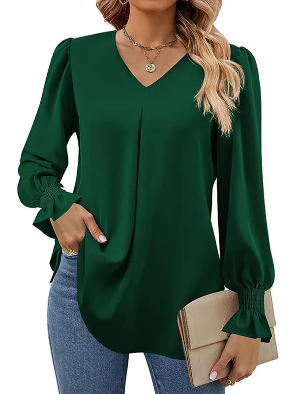 Elegant Long Sleeve V-Neck Pleated Chiffon Blouse