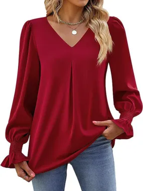 Elegant Long Sleeve V-Neck Pleated Chiffon Blouse