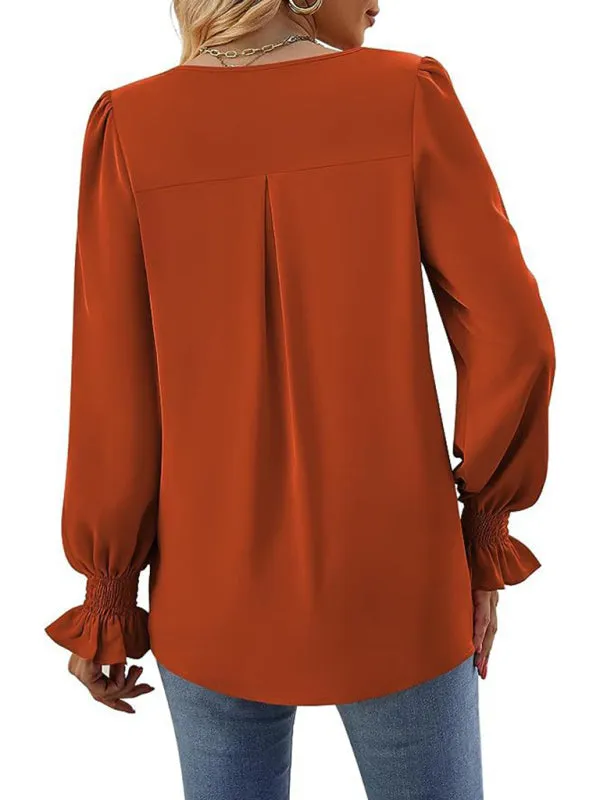 Elegant Long Sleeve V-Neck Pleated Chiffon Blouse