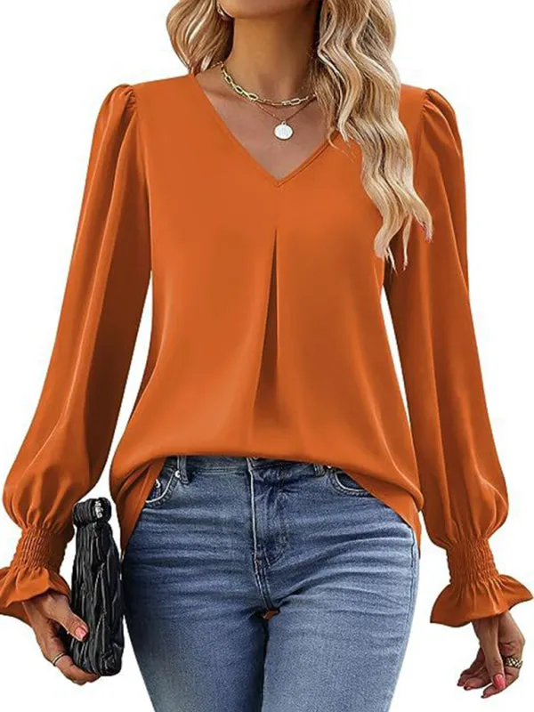 Elegant Long Sleeve V-Neck Pleated Chiffon Blouse