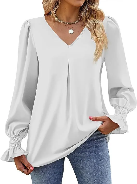 Elegant Long Sleeve V-Neck Pleated Chiffon Blouse