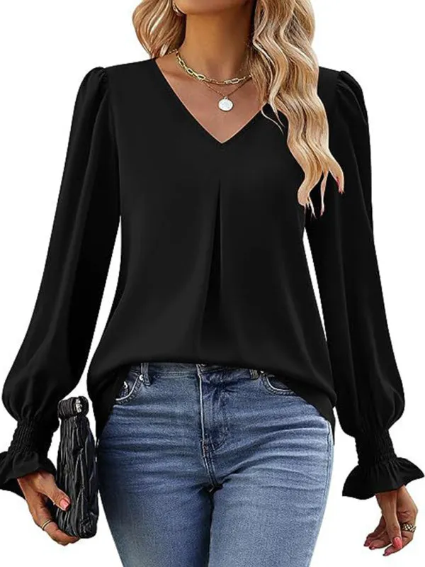 Elegant Long Sleeve V-Neck Pleated Chiffon Blouse