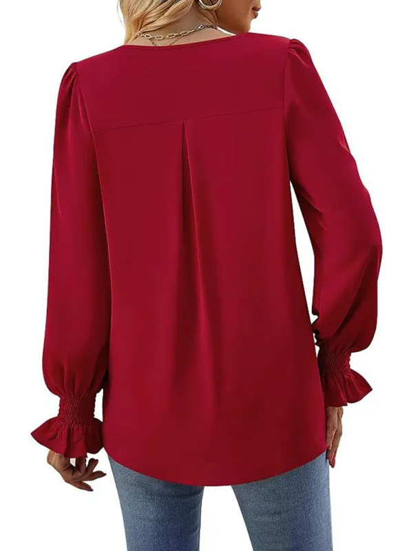 Elegant Long Sleeve V-Neck Pleated Chiffon Blouse
