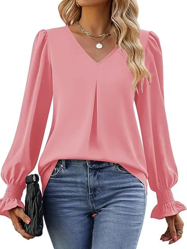Elegant Long Sleeve V-Neck Pleated Chiffon Blouse