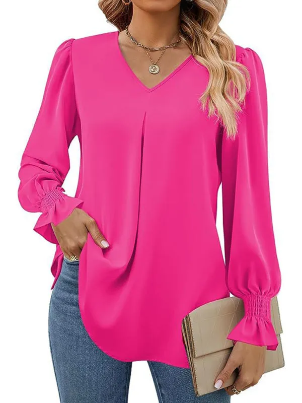 Elegant Long Sleeve V-Neck Pleated Chiffon Blouse