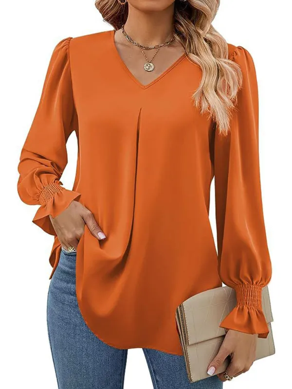 Elegant Long Sleeve V-Neck Pleated Chiffon Blouse