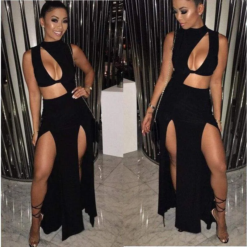 FashionSierra - New Women Summer Bandage Hollow Out Dress High Waist Solid Black Ladies Split Party Dress Club Wear