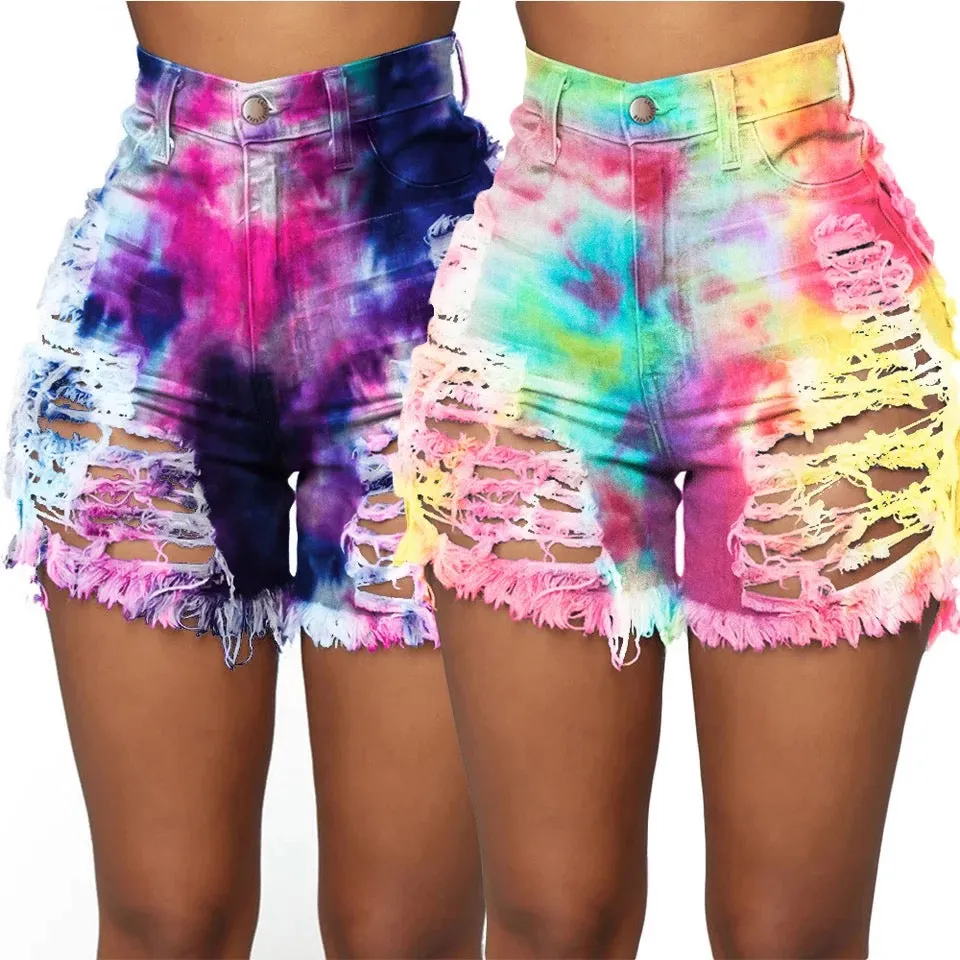 “Feisty” Distressed cutout tie dye shorts