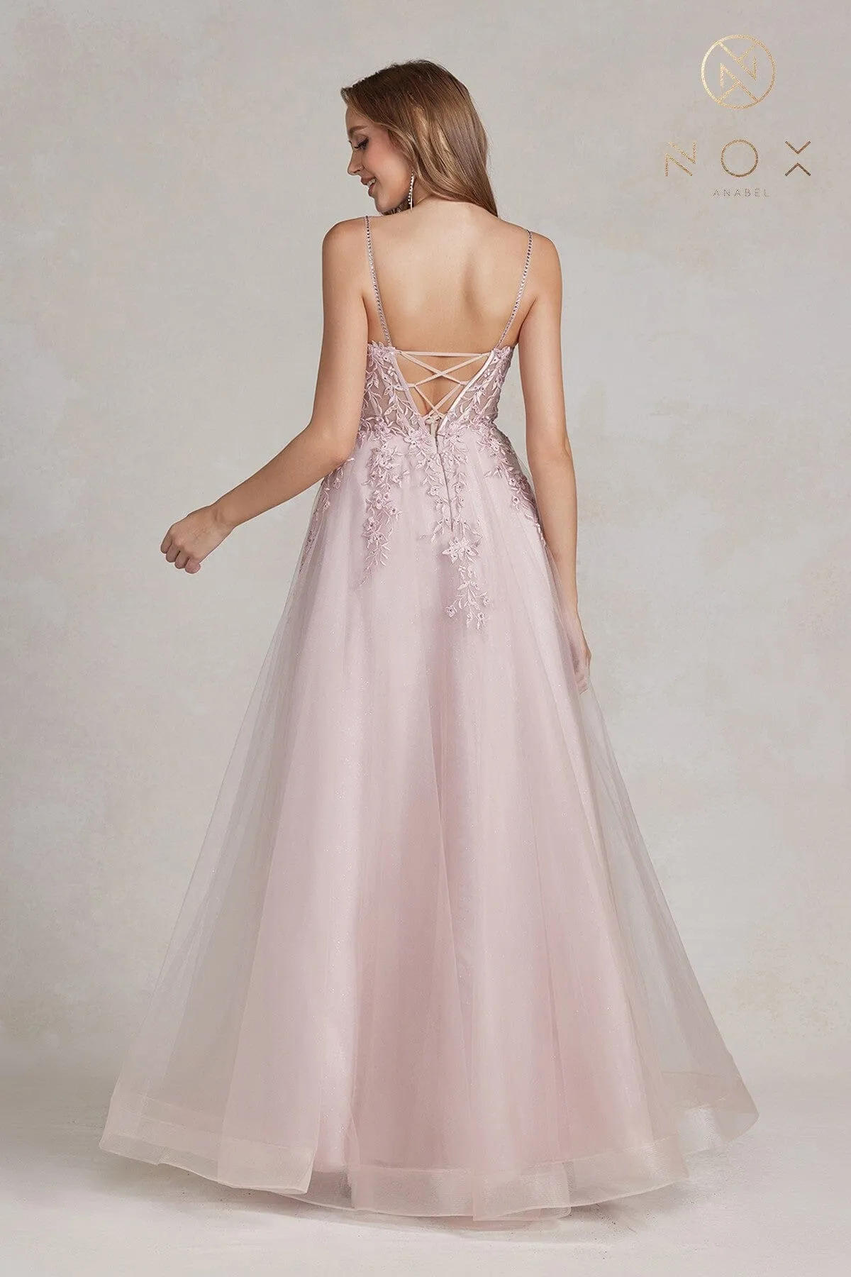 Floral Applique Tulle Gown by Nox Anabel T449