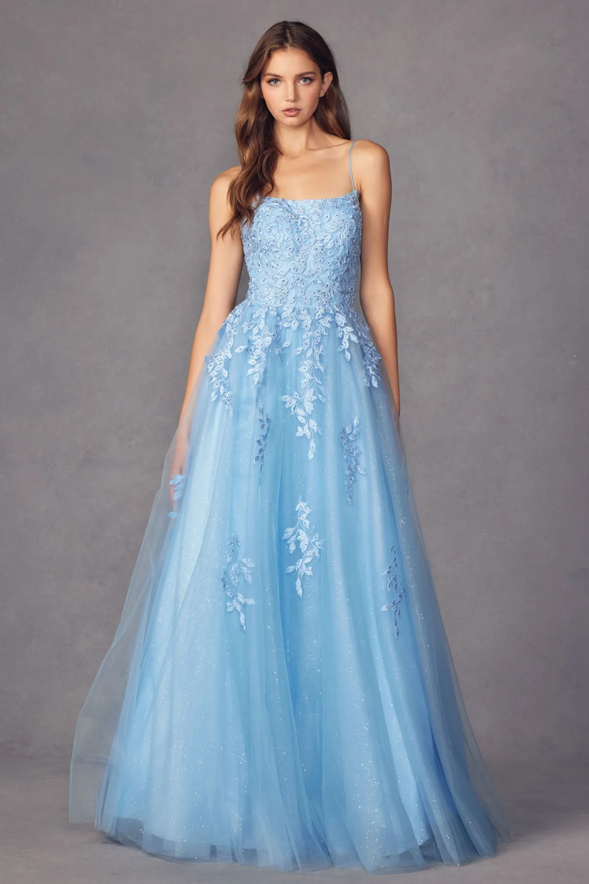 Floral applique tulle prom ball gown