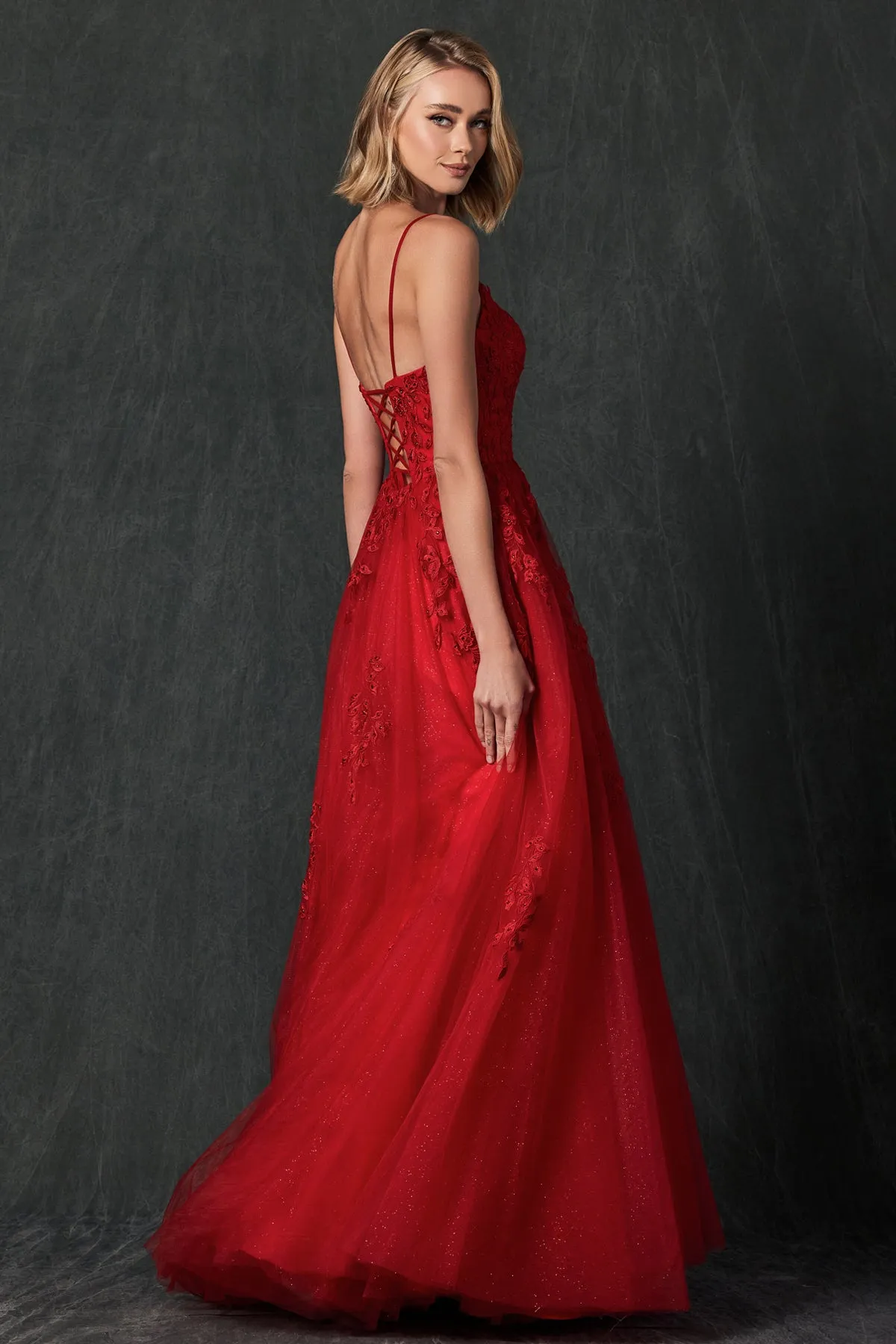 Floral applique tulle prom ball gown