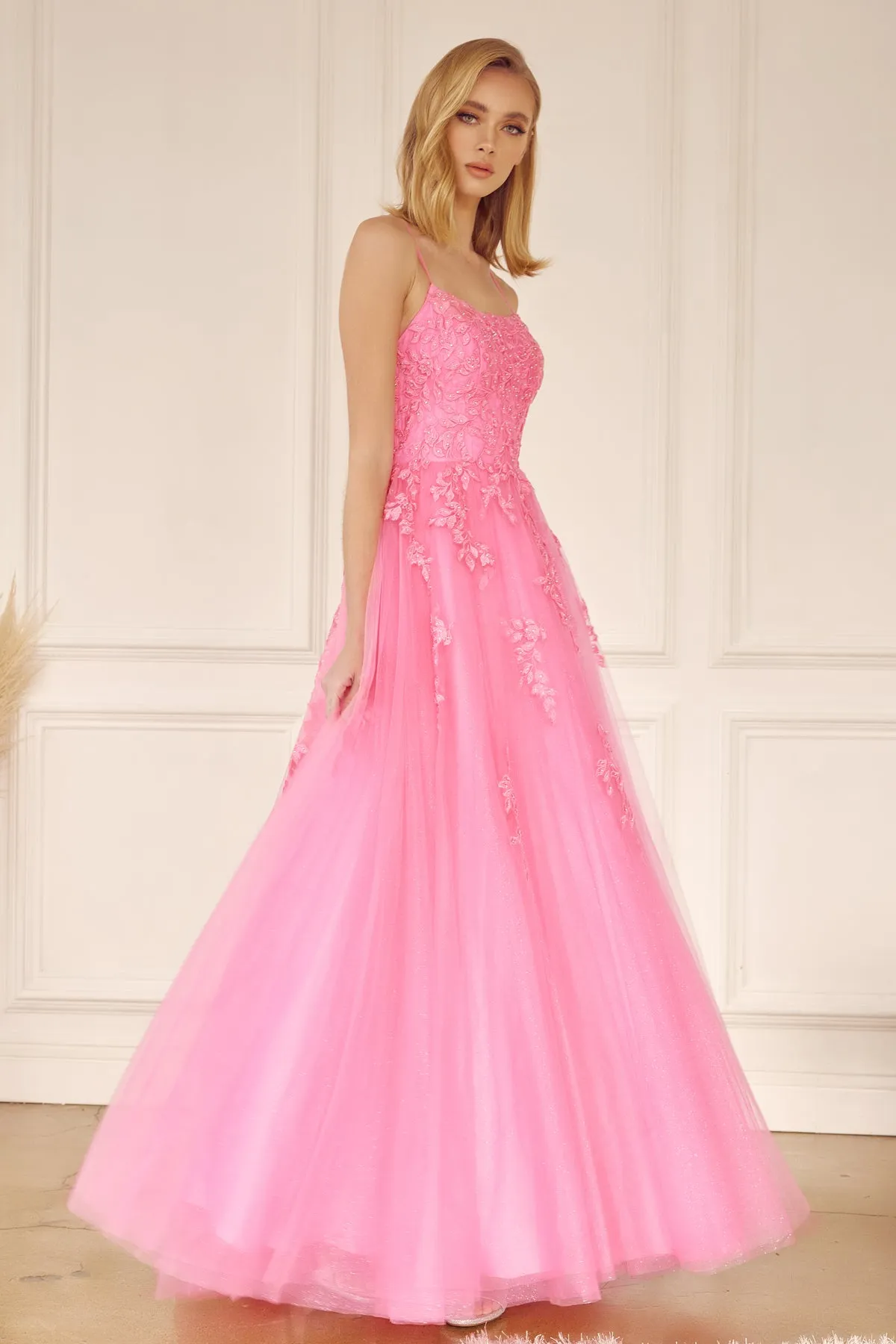Floral applique tulle prom ball gown