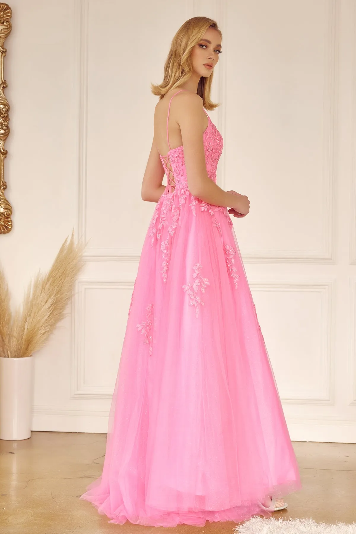 Floral applique tulle prom ball gown
