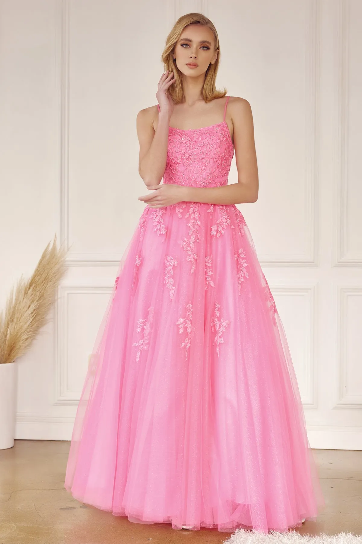 Floral applique tulle prom ball gown