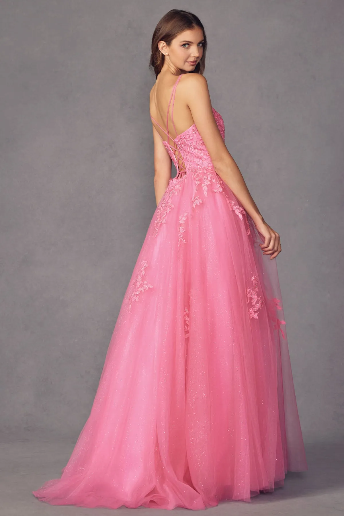 Floral applique tulle prom ball gown