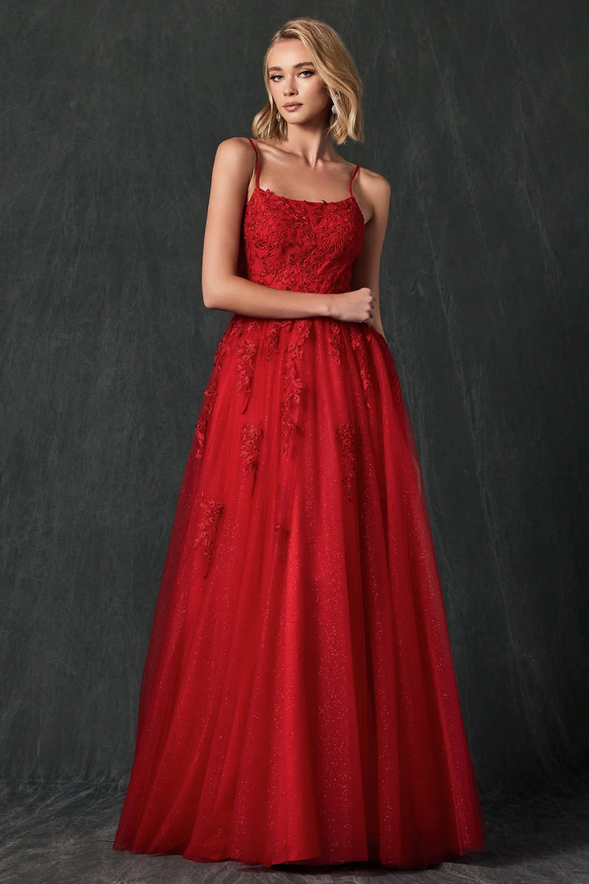 Floral applique tulle prom ball gown