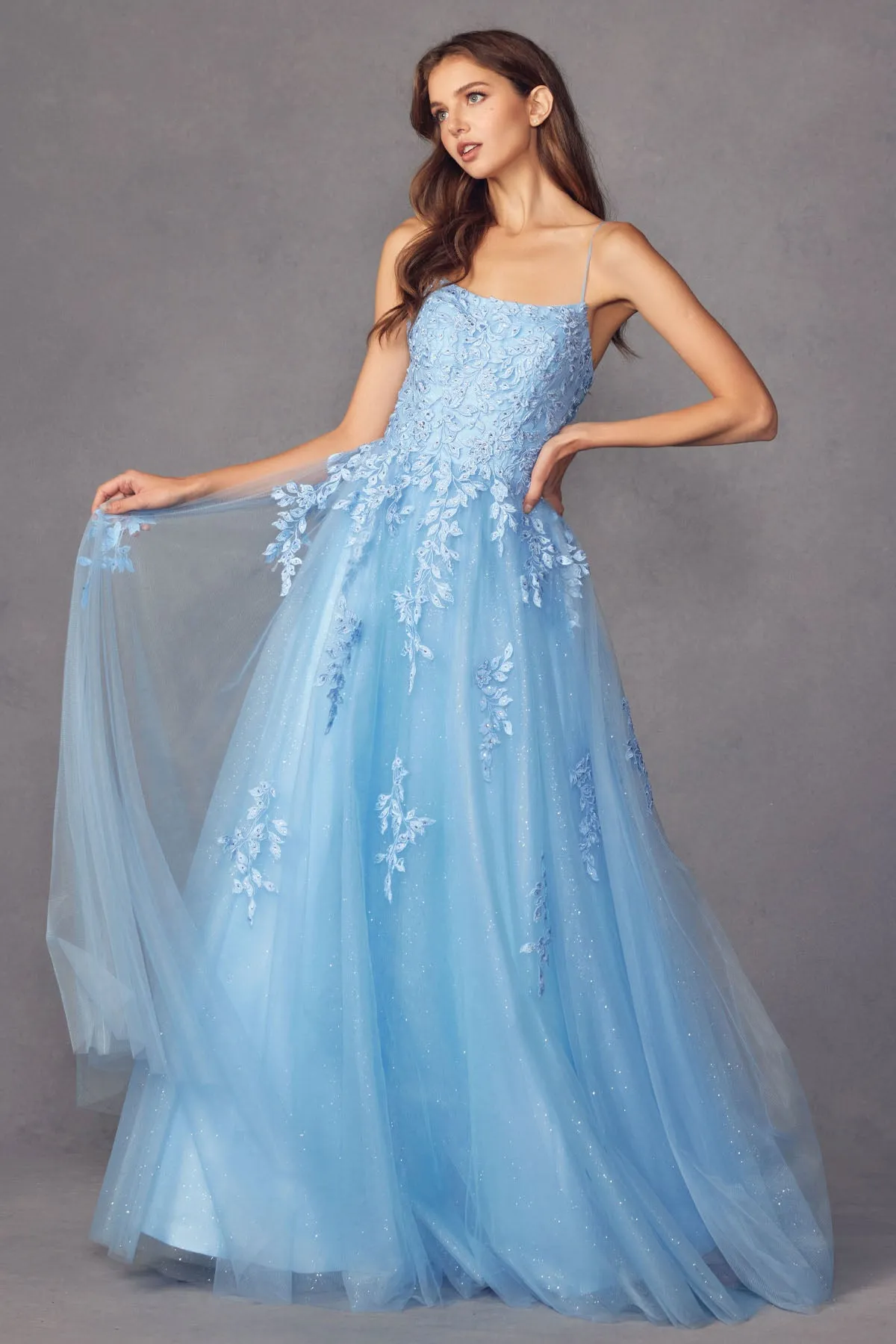Floral applique tulle prom ball gown