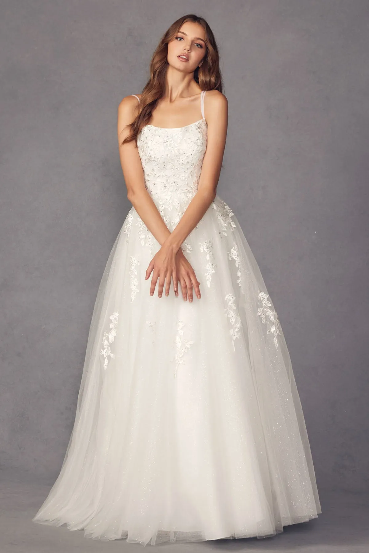 Floral applique tulle prom ball gown