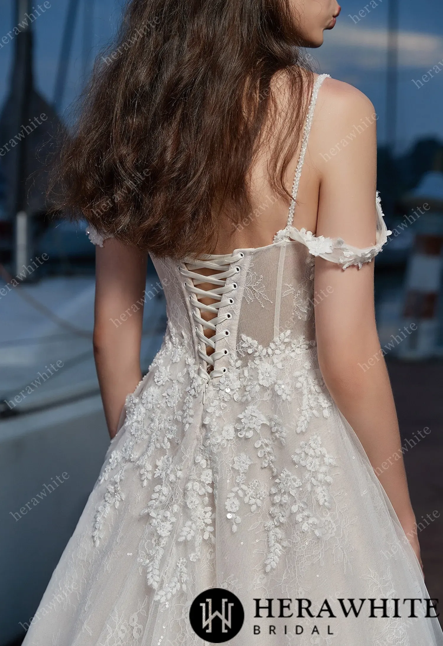 Floral Appliques V-Neck Grace Wedding Dress with Corset Back