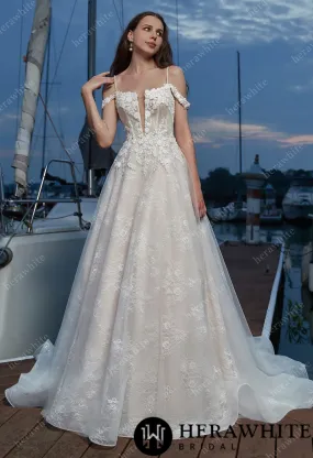 Floral Appliques V-Neck Grace Wedding Dress with Corset Back