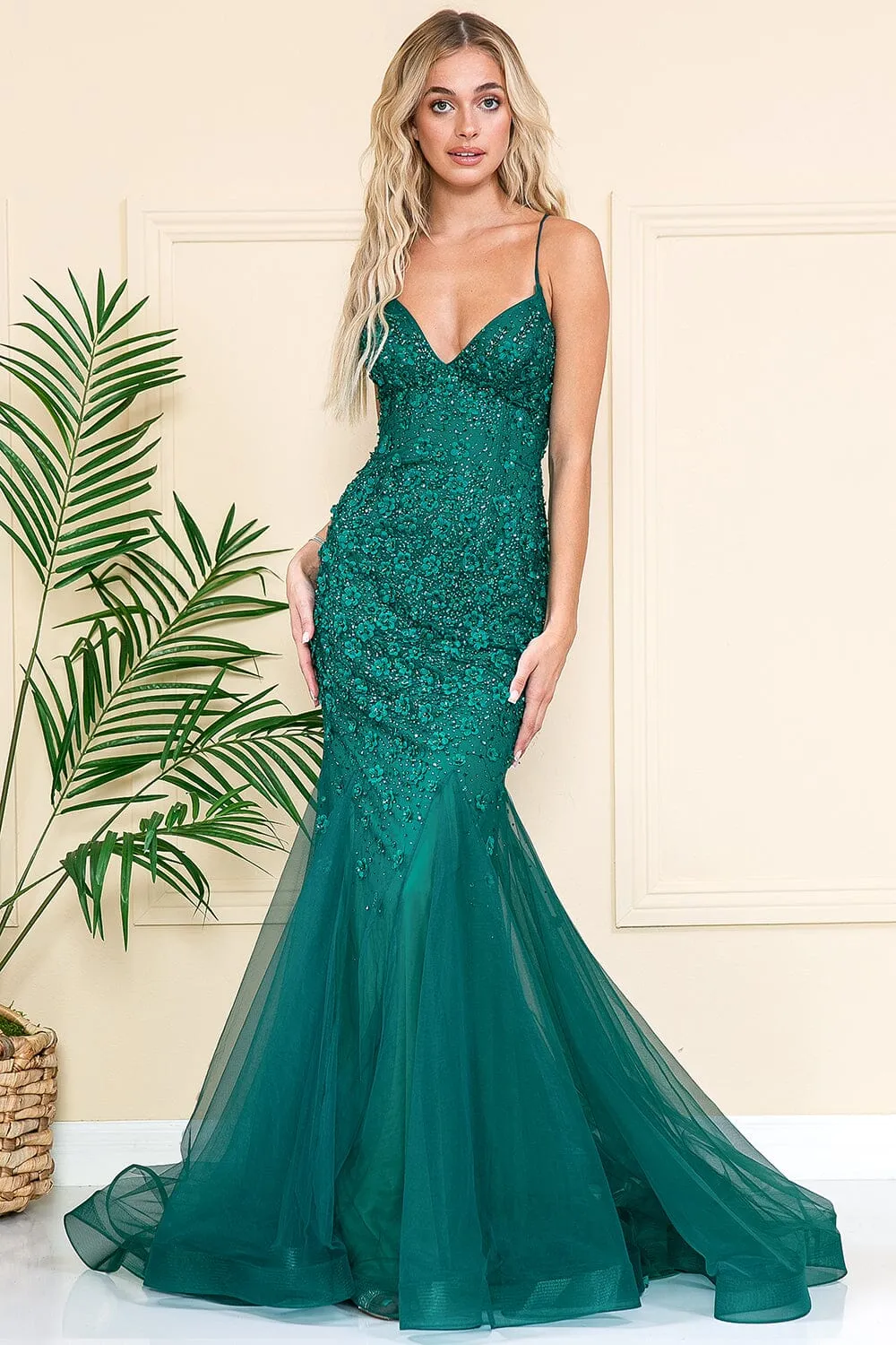 Floral Embellished Mermaid Gown by Amelia Couture SU066