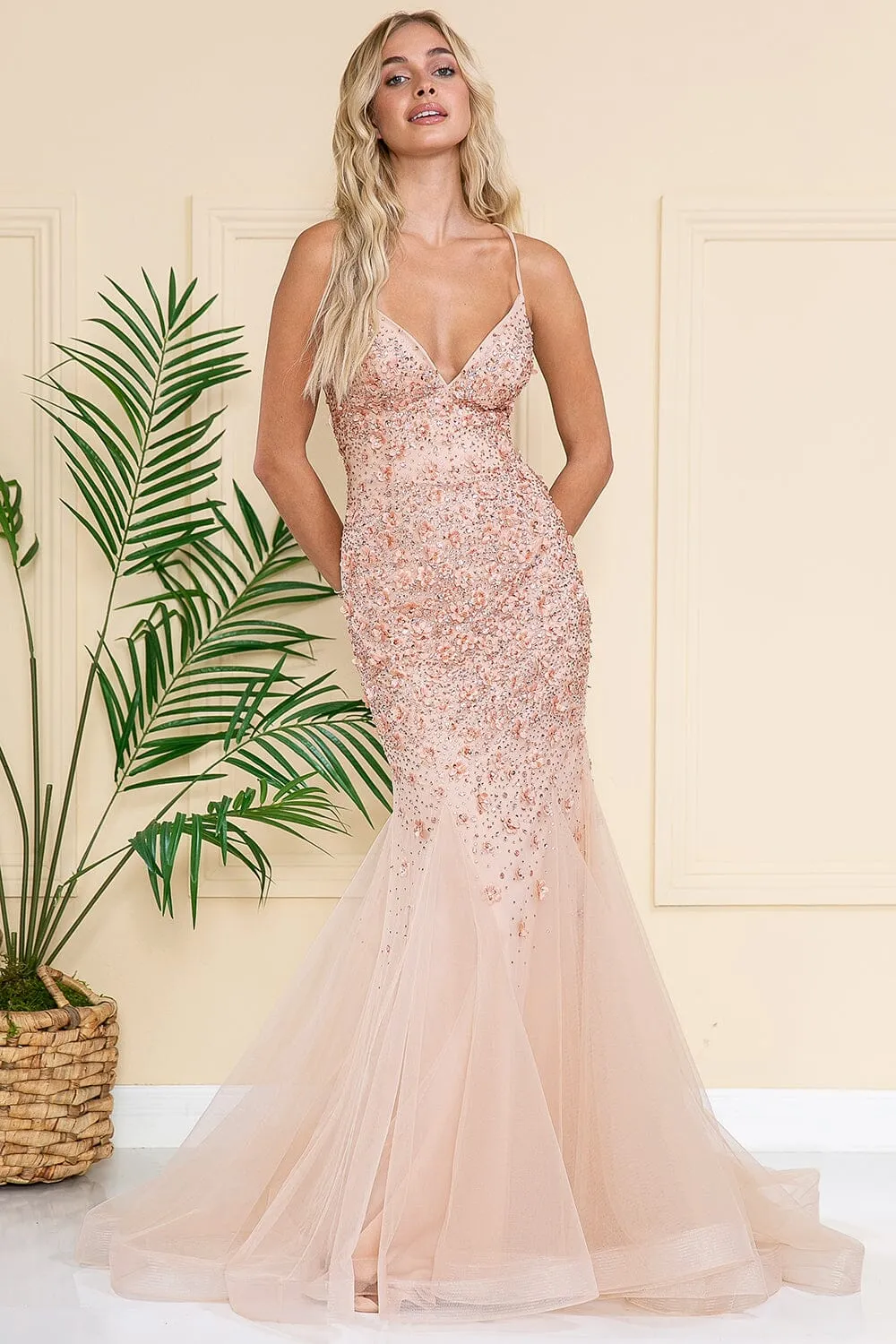 Floral Embellished Mermaid Gown by Amelia Couture SU066