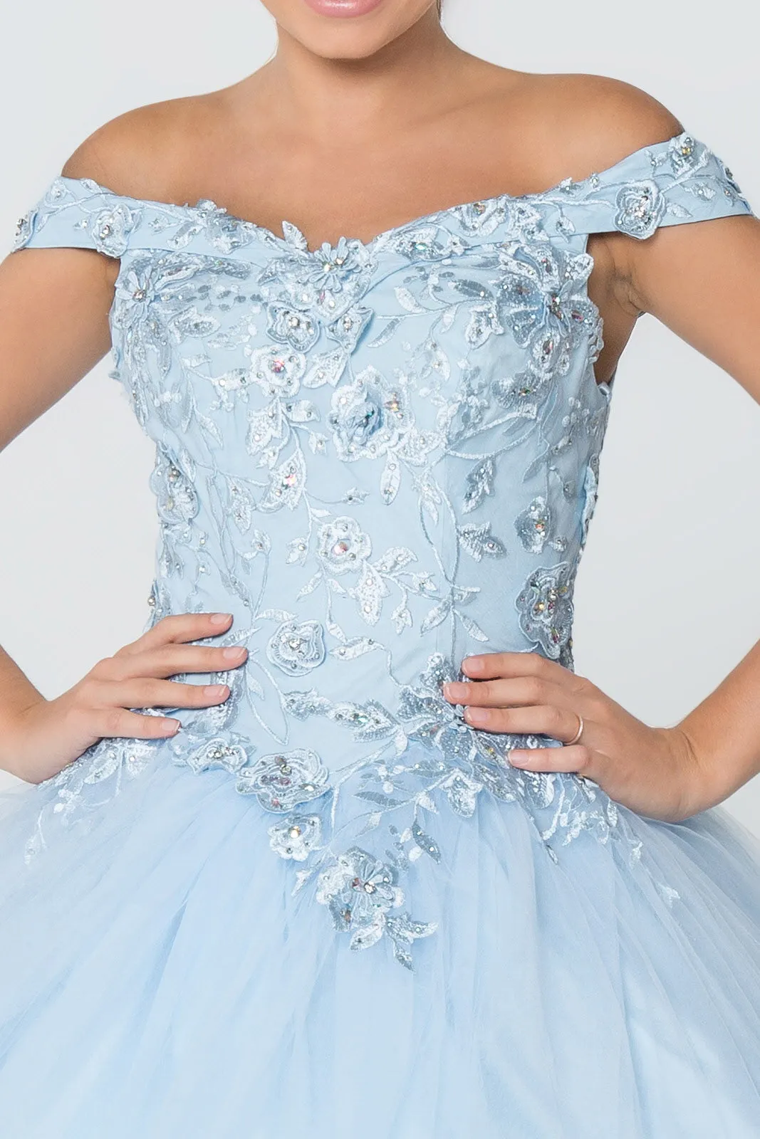 Floral Embroidery and Jewel Embellished V-Neck Mesh Ball Gown GLGL2802