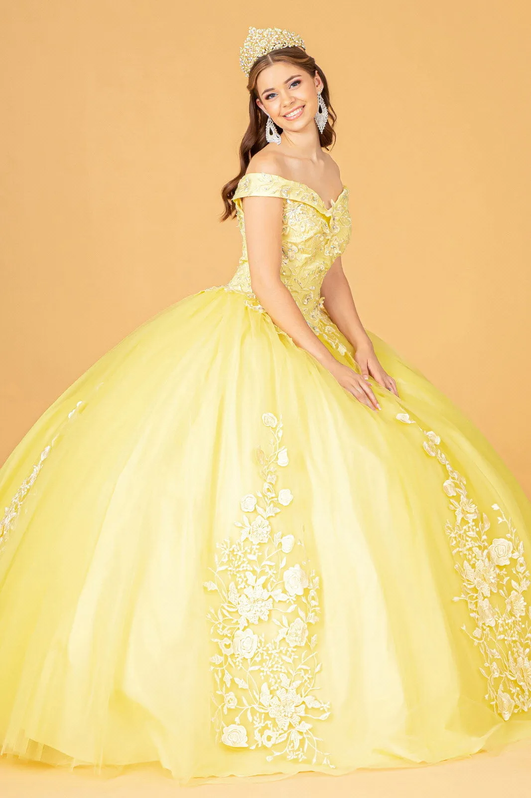 Floral Embroidery and Jewel Embellished V-Neck Mesh Ball Gown GLGL2802