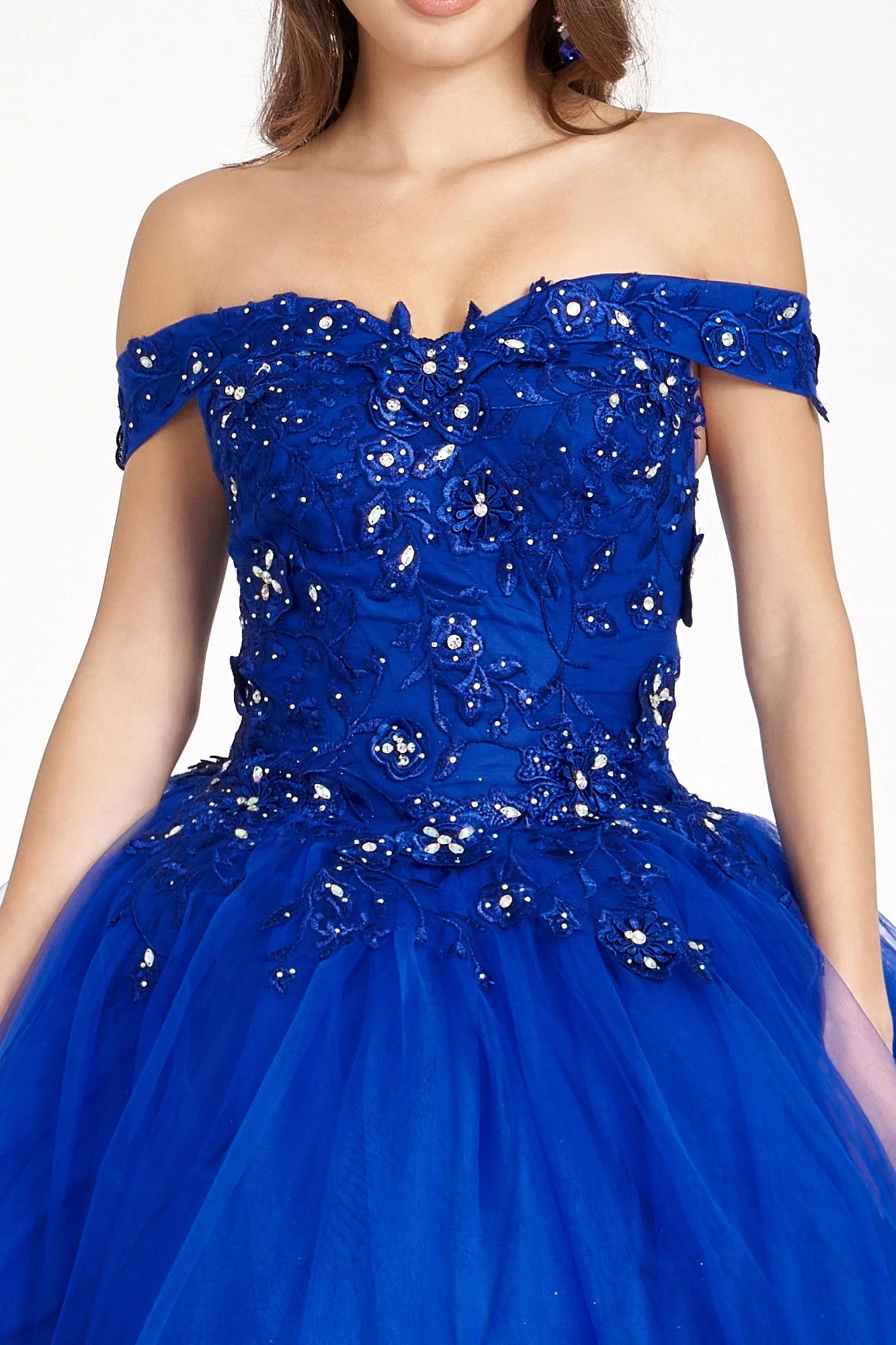 Floral Embroidery and Jewel Embellished V-Neck Mesh Ball Gown GLGL2802