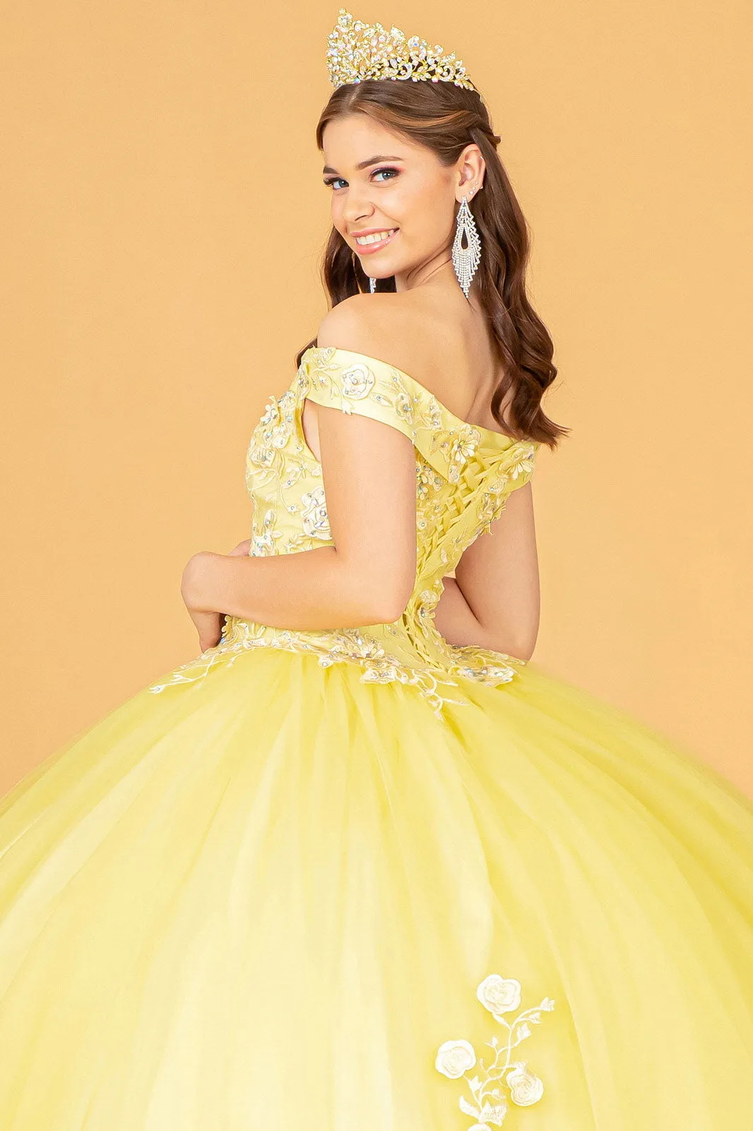 Floral Embroidery and Jewel Embellished V-Neck Mesh Ball Gown GLGL2802