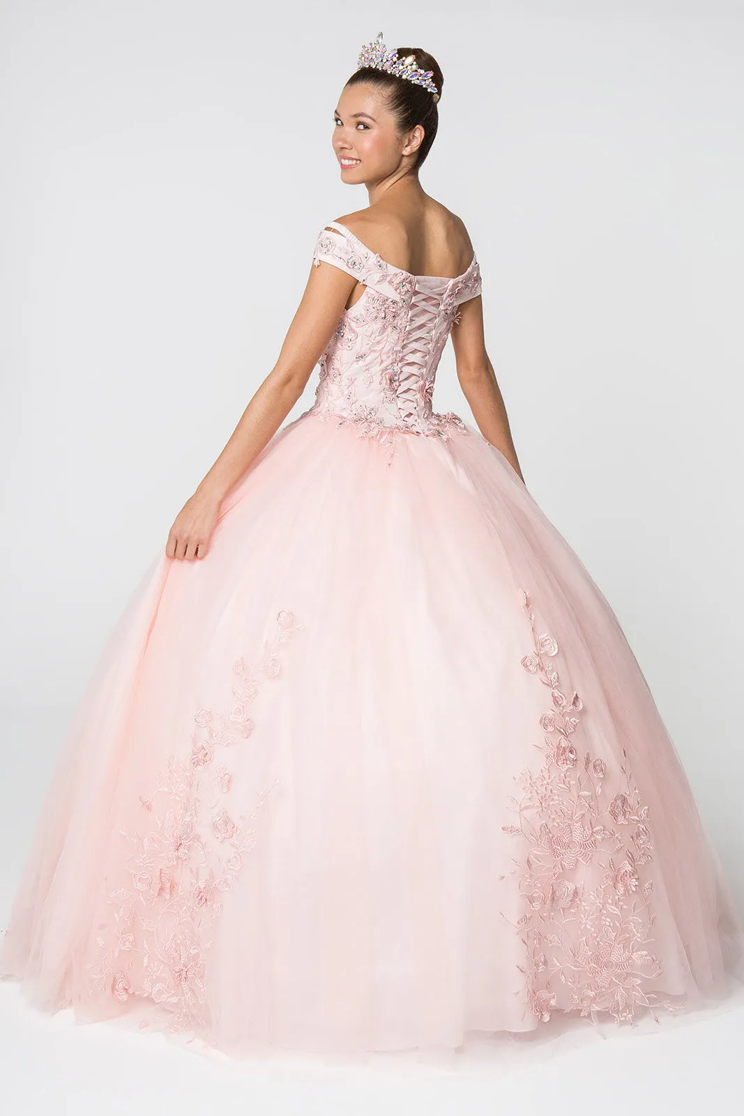 Floral Embroidery and Jewel Embellished V-Neck Mesh Ball Gown GLGL2802
