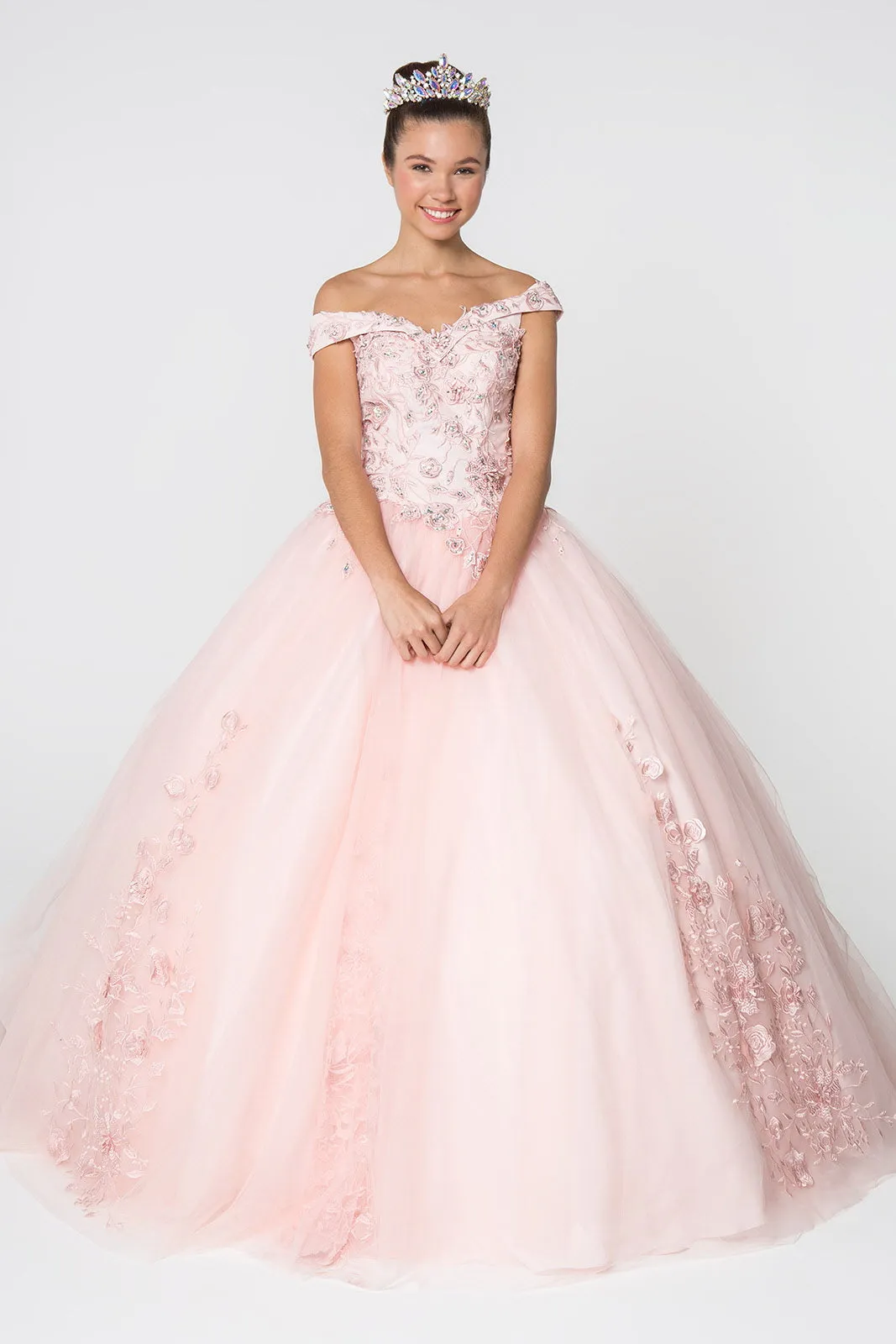 Floral Embroidery and Jewel Embellished V-Neck Mesh Ball Gown GLGL2802