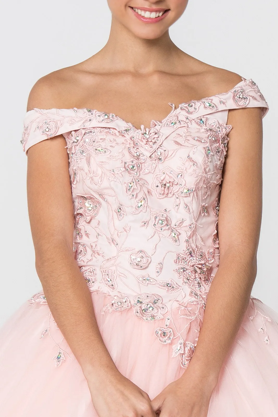 Floral Embroidery and Jewel Embellished V-Neck Mesh Ball Gown GLGL2802