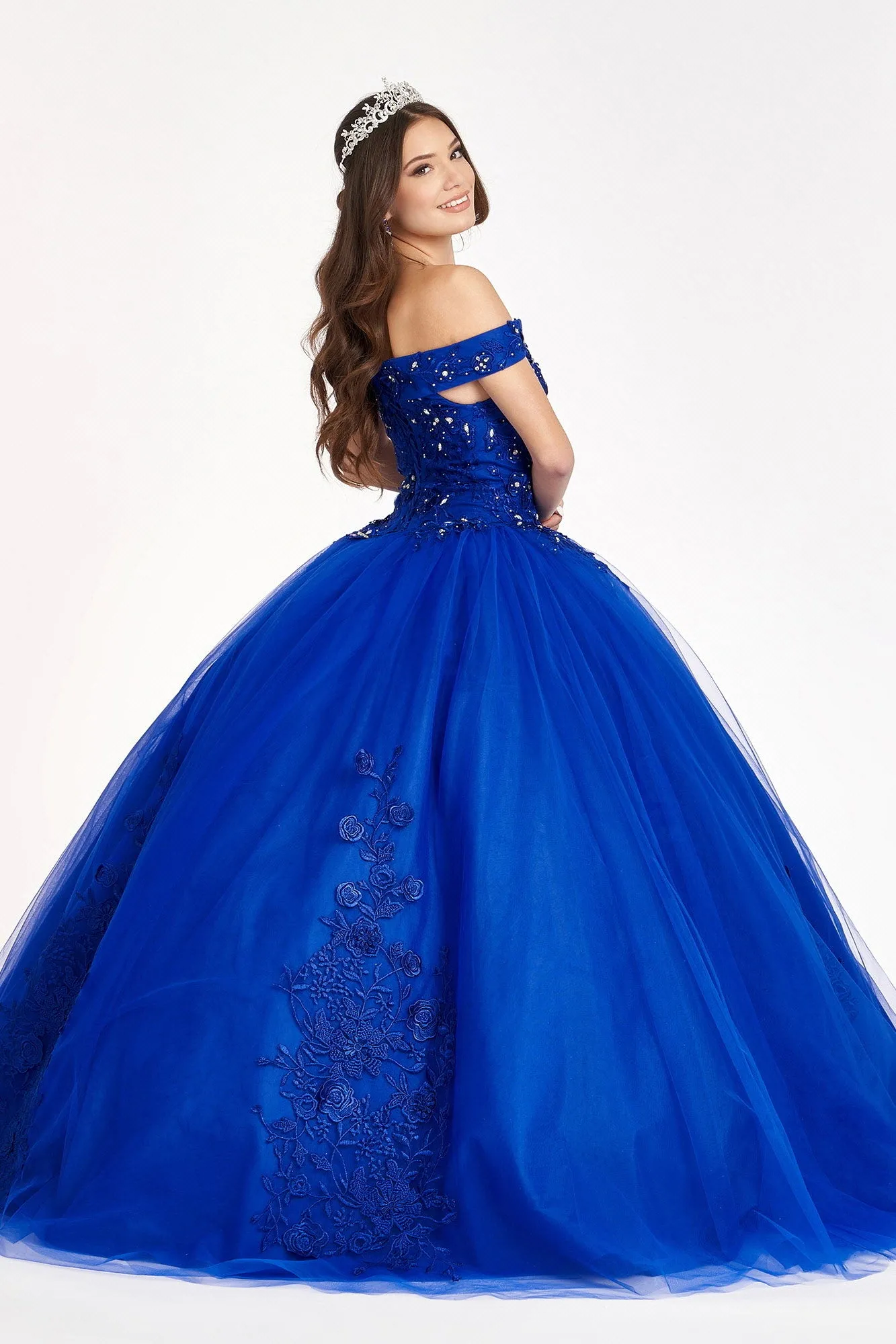 Floral Embroidery and Jewel Embellished V-Neck Mesh Ball Gown GLGL2802