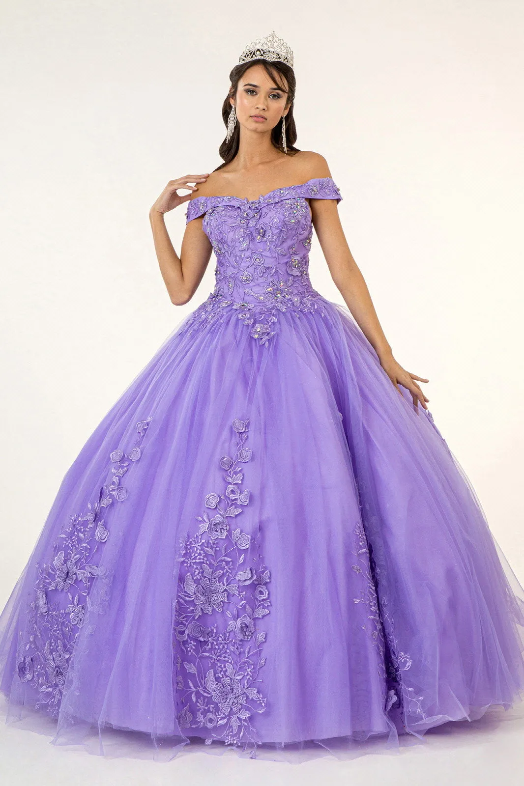 Floral Embroidery and Jewel Embellished V-Neck Mesh Ball Gown GLGL2802