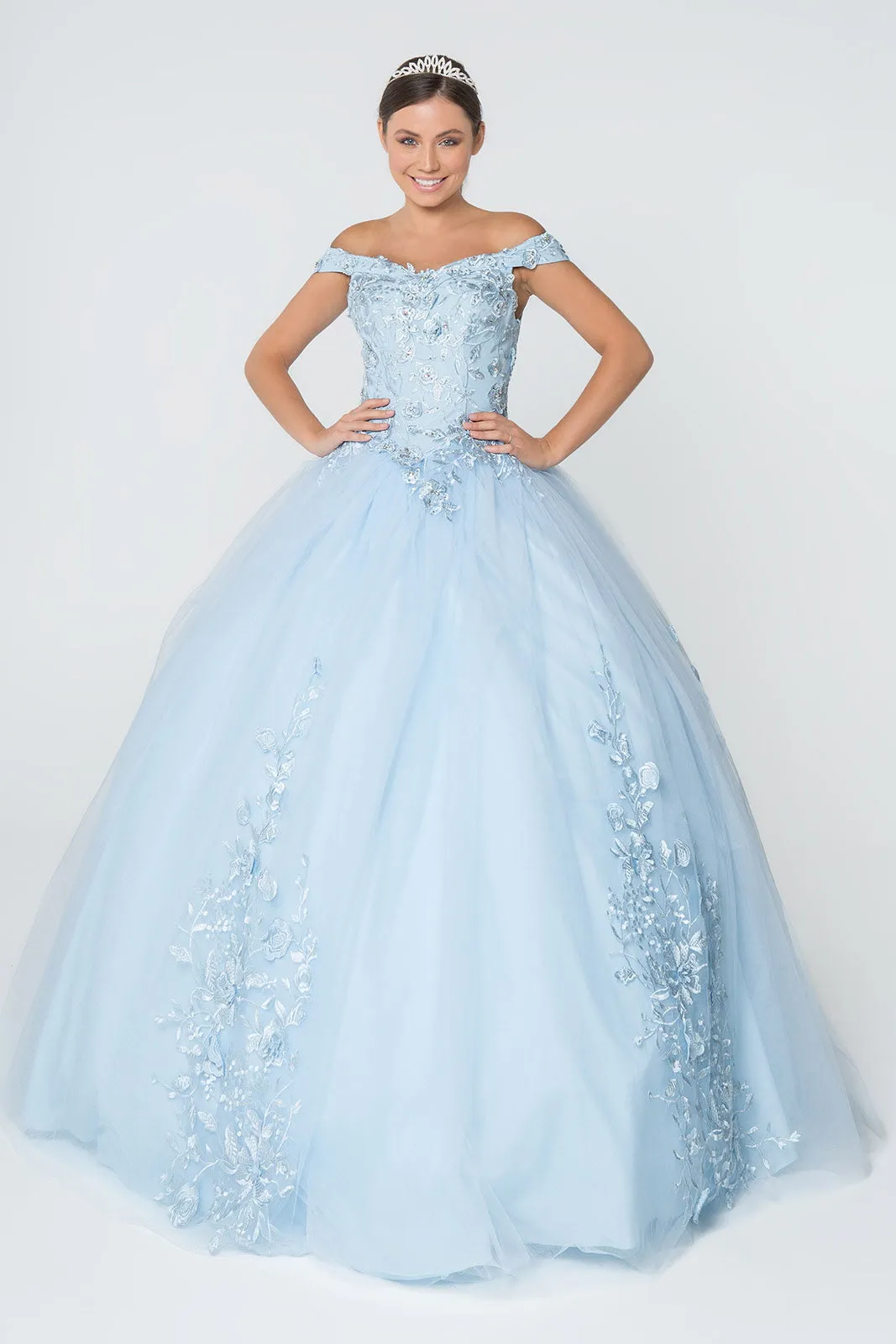 Floral Embroidery and Jewel Embellished V-Neck Mesh Ball Gown GLGL2802
