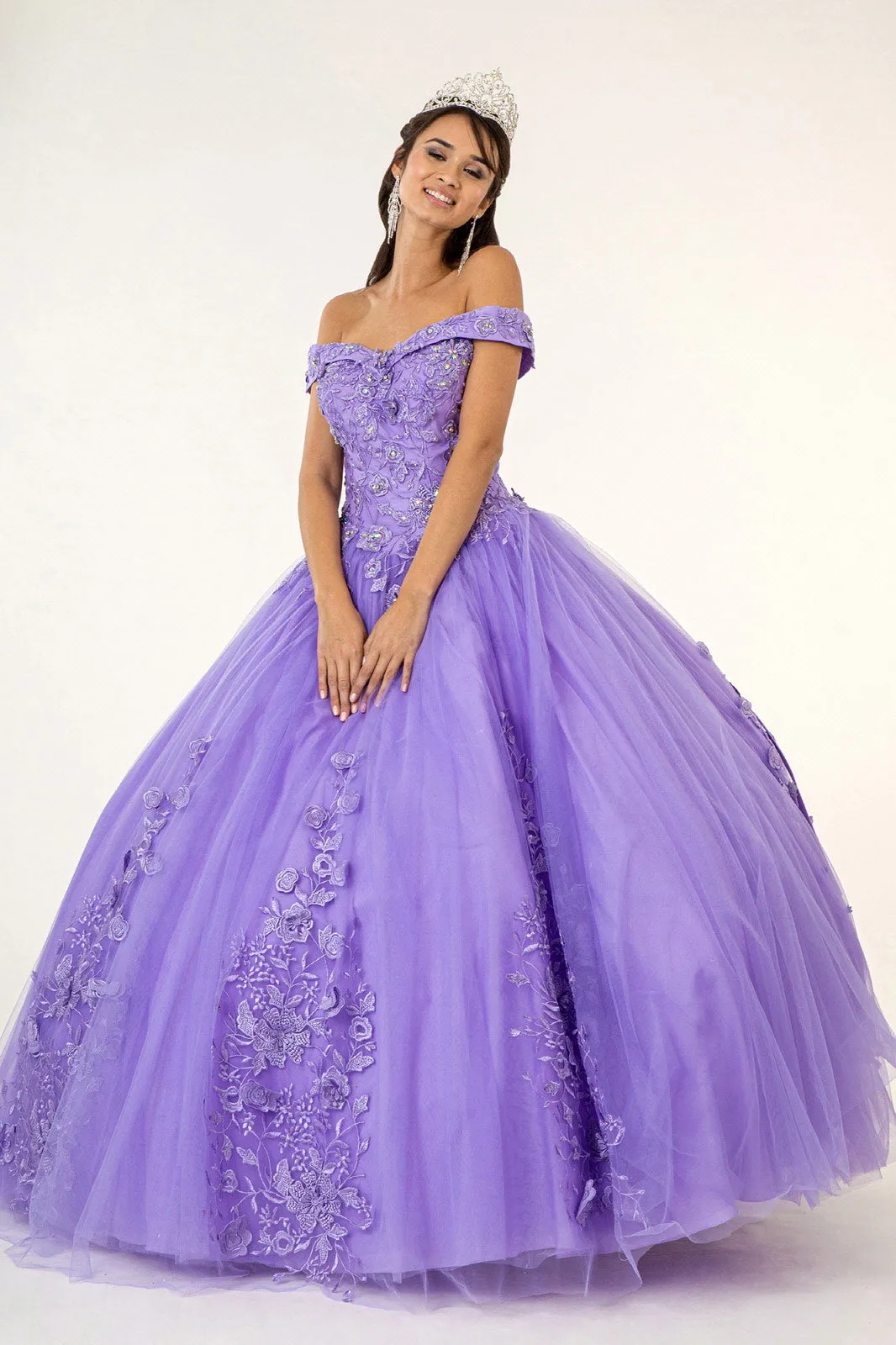 Floral Embroidery and Jewel Embellished V-Neck Mesh Ball Gown GLGL2802