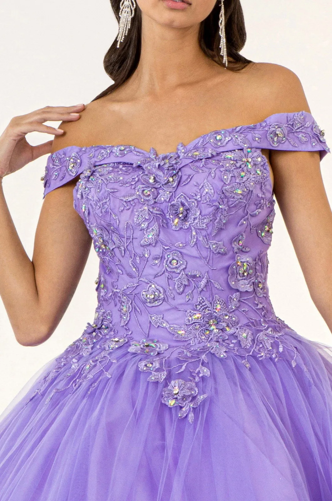 Floral Embroidery and Jewel Embellished V-Neck Mesh Ball Gown GLGL2802
