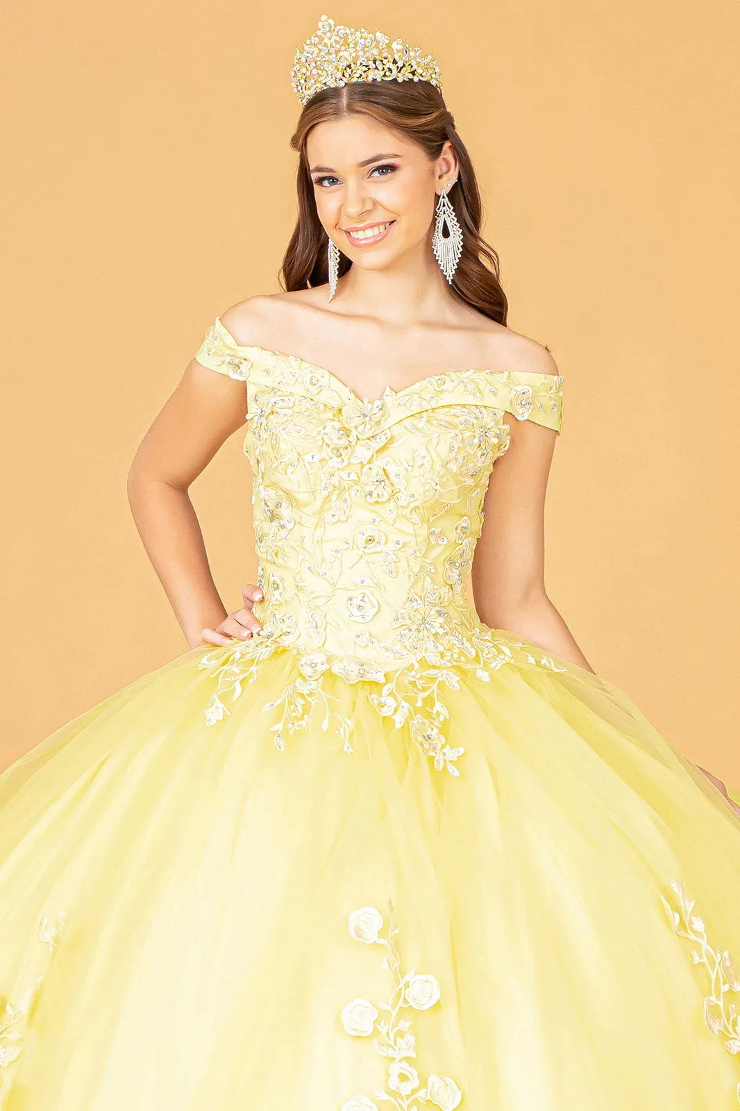 Floral Embroidery and Jewel Embellished V-Neck Mesh Ball Gown GLGL2802