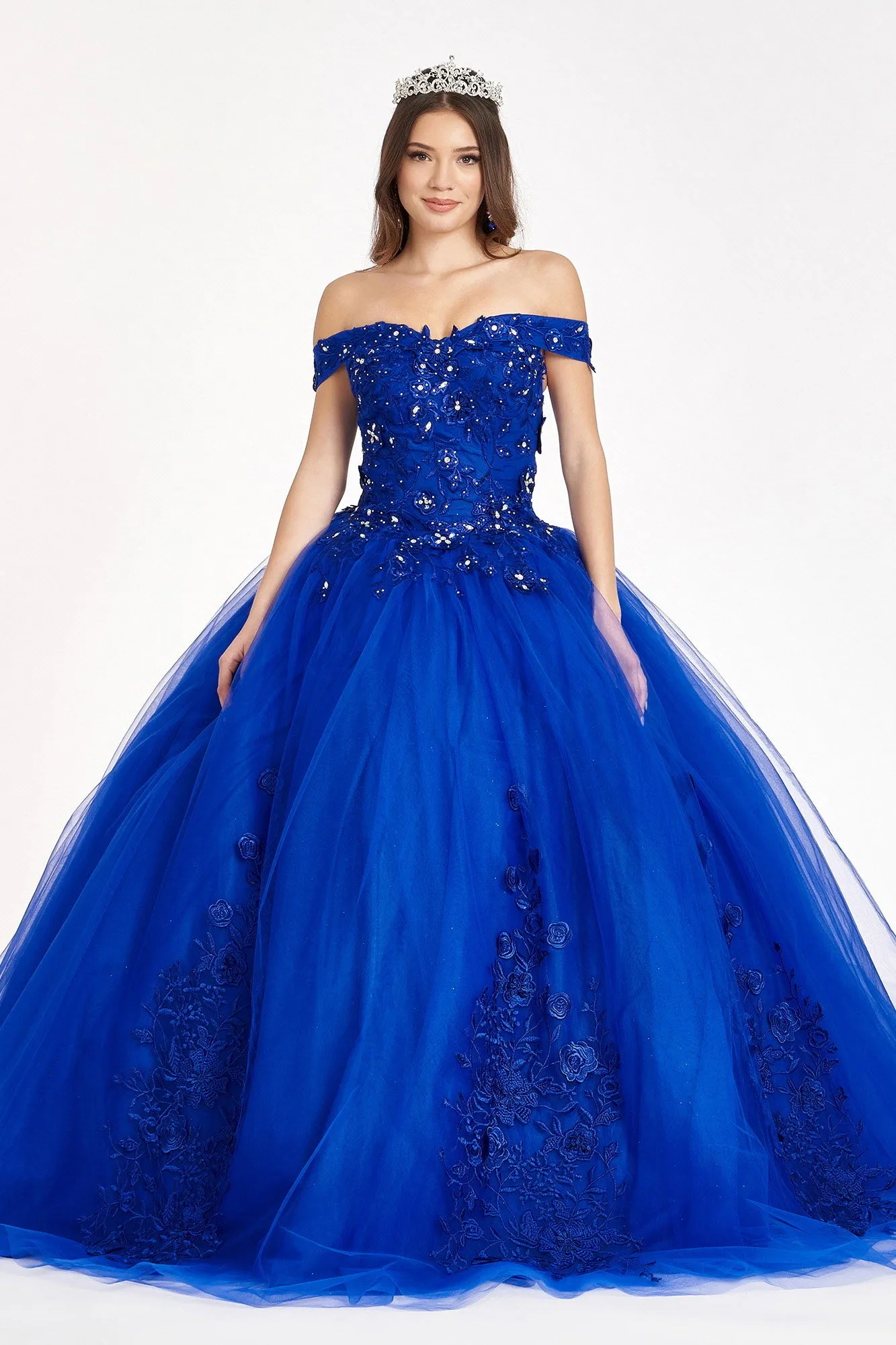 Floral Embroidery and Jewel Embellished V-Neck Mesh Ball Gown GLGL2802